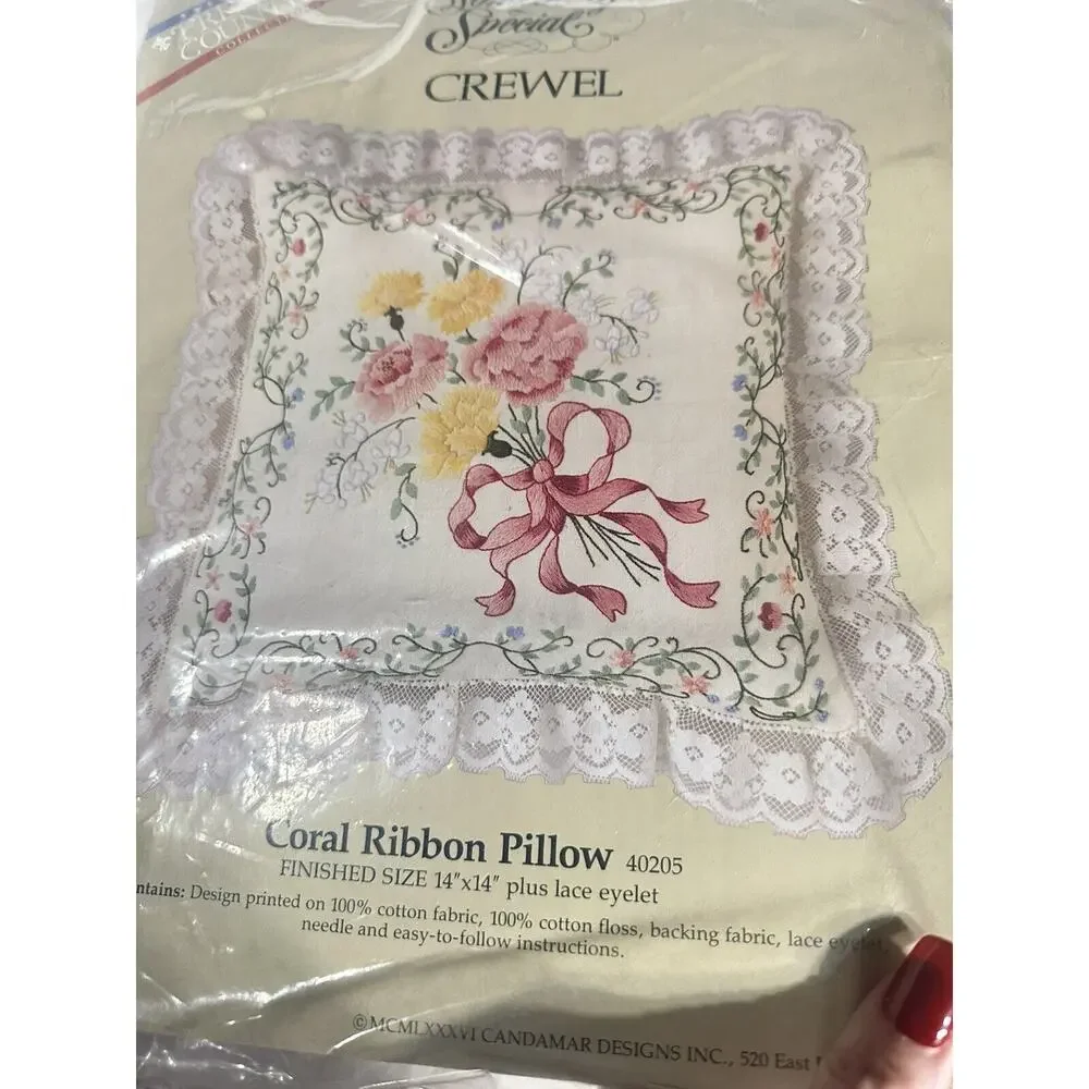 Vintage Candamar Something Special Crewel Coral Ribbon Pillow Kit 40205 14x14